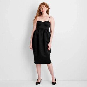 NWT Future Collective Women's M Black Holiday Sweetheart Bubble Satin Midi Dress